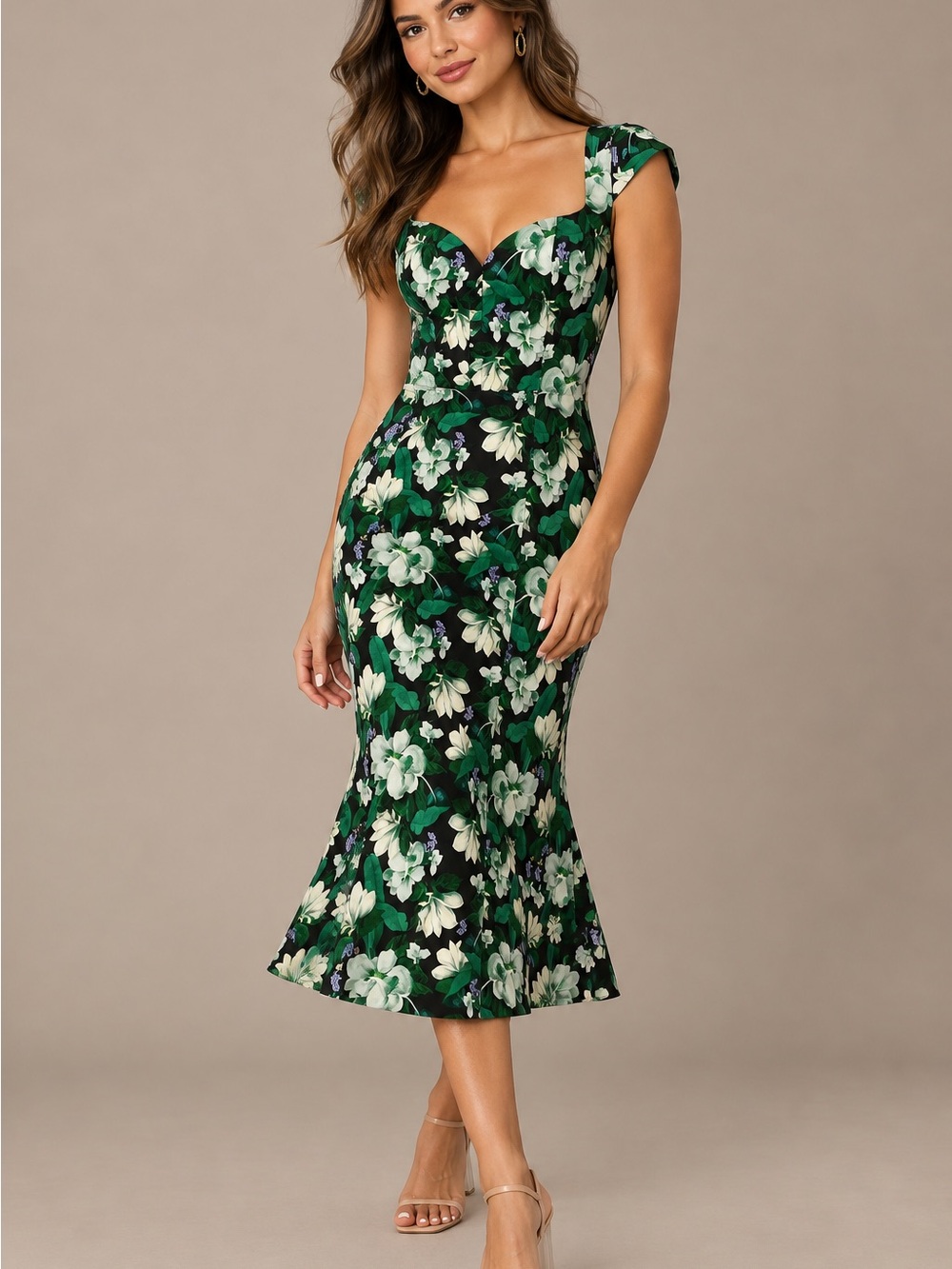 Anthropologie Green Floral Sweetheart Midi Dress